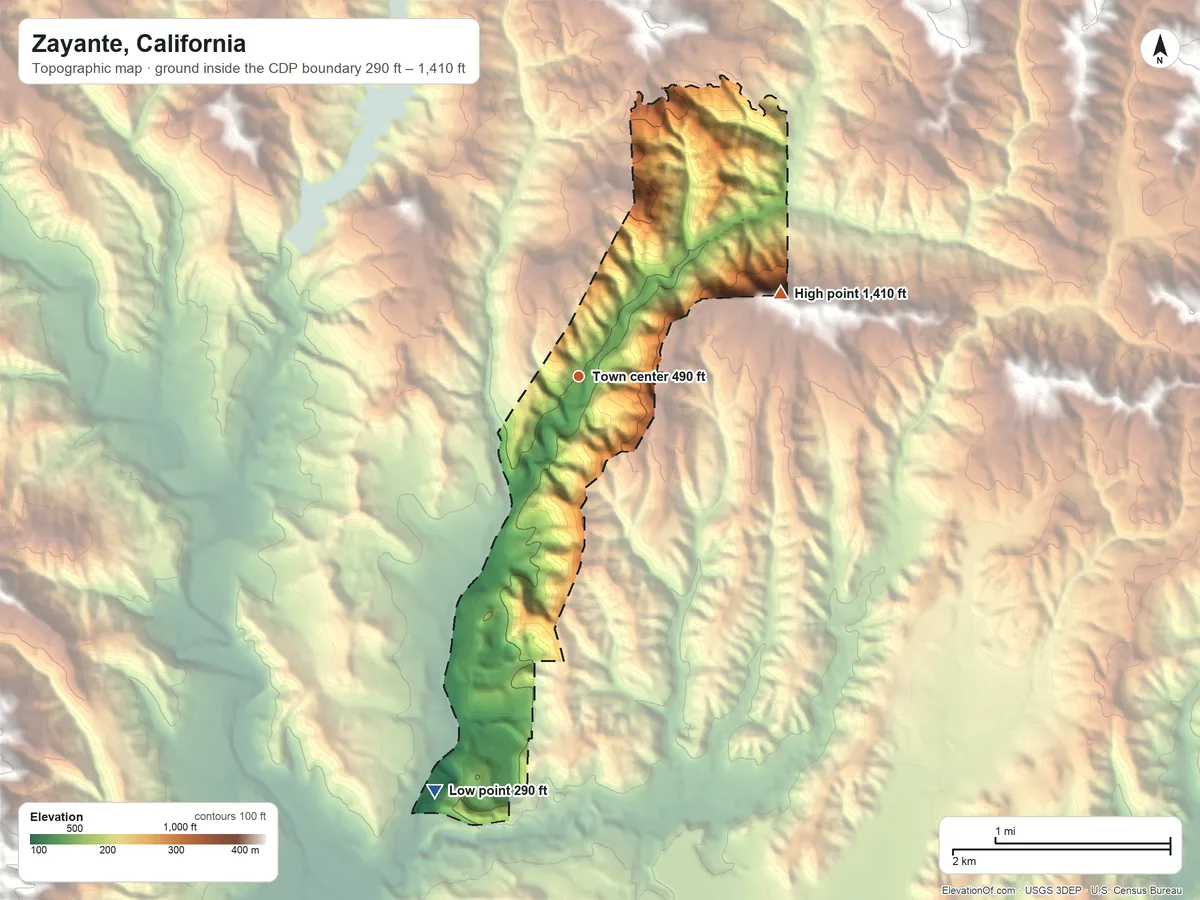 Topographic elevation map of Zayante, California, shaded from 290 ft on the south side to 1,410 ft on the east side