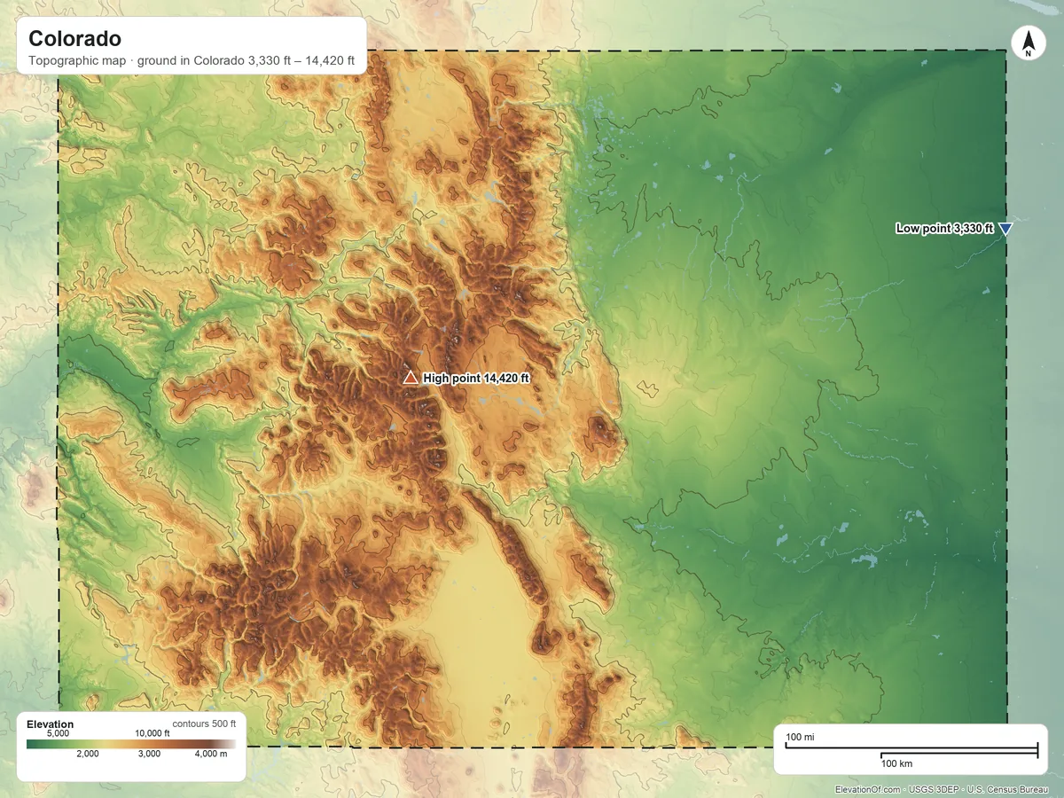 Topographic elevation map of Colorado, shaded from 3,330 ft on the east side to 14,420 ft on Mount Elbert