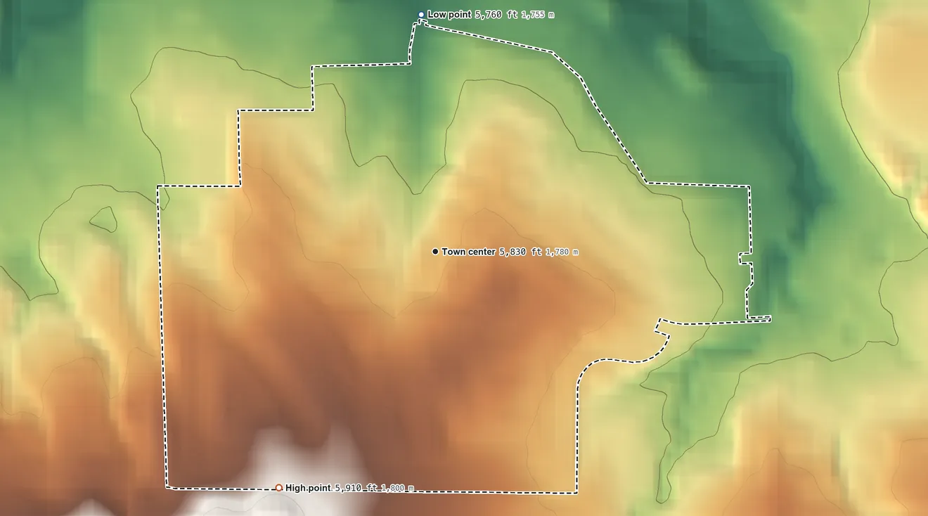 Topographic elevation map of Acres Green, Colorado, shaded from 5,760 ft on the north side to 5,910 ft on the southwest edge, below higher ground just outside