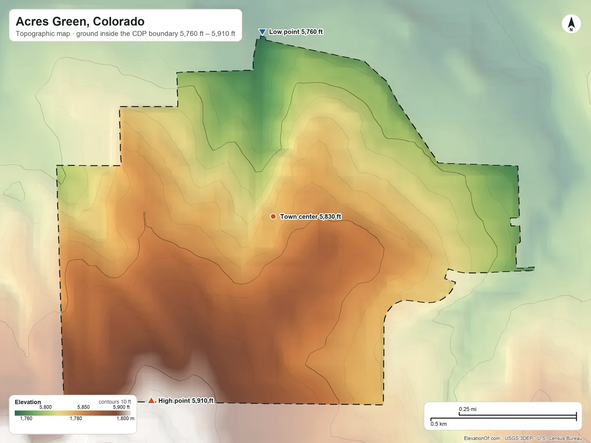 Topographic elevation map of Acres Green, Colorado, shaded from 5,760 ft on the north side to 5,910 ft on the southwest edge, below higher ground just outside