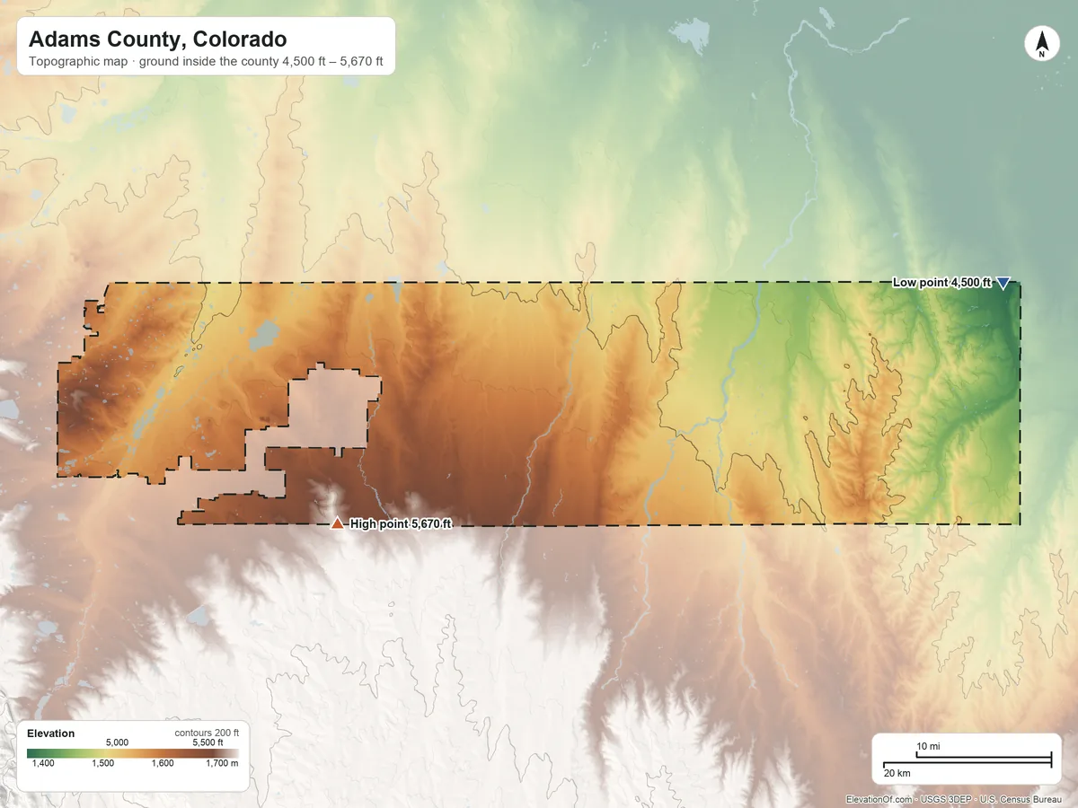 Topographic elevation map of Adams County, Colorado, shaded from 4,500 ft on the east side to 5,670 ft on the southwest side