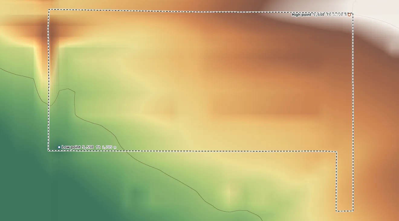 Topographic elevation map of Aetna Estates, Colorado, shaded from 5,590 ft on the west side to 5,640 ft on the northeast side