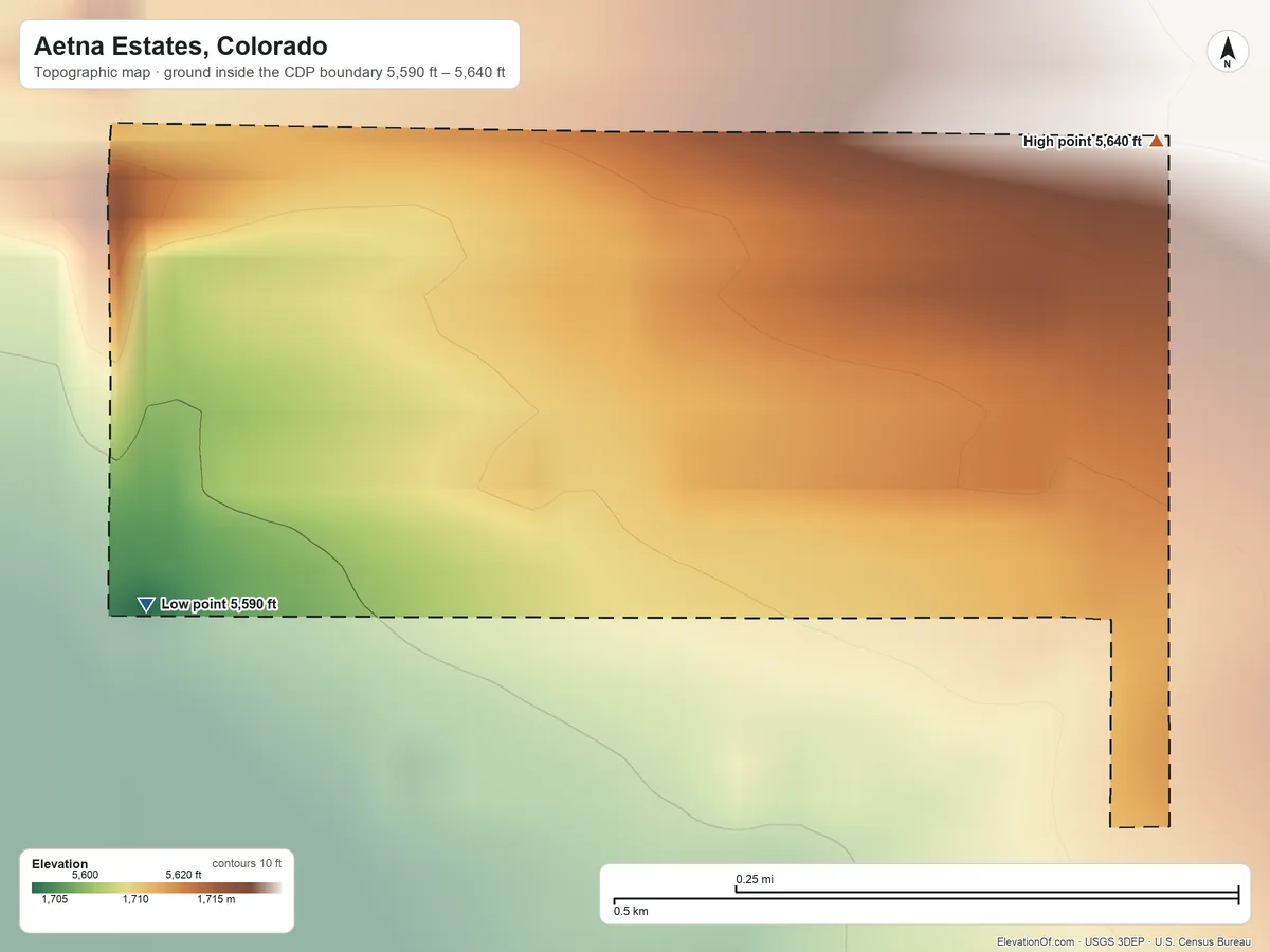 Topographic elevation map of Aetna Estates, Colorado, shaded from 5,590 ft on the west side to 5,640 ft on the northeast side