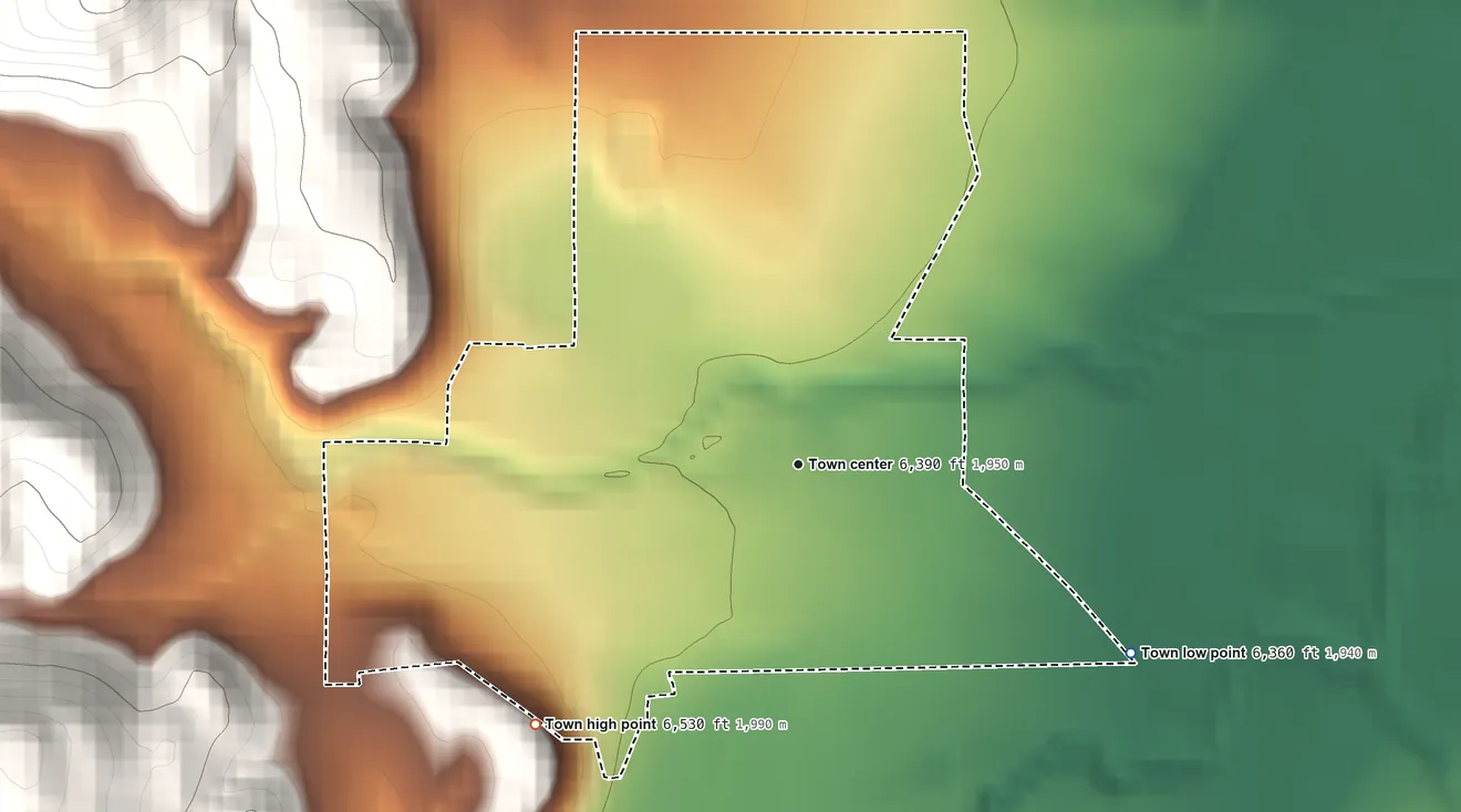 Topographic elevation map of Aguilar, Colorado, shaded from 6,360 ft on the southeast side to 6,530 ft on the southwest edge, below higher ground just outside
