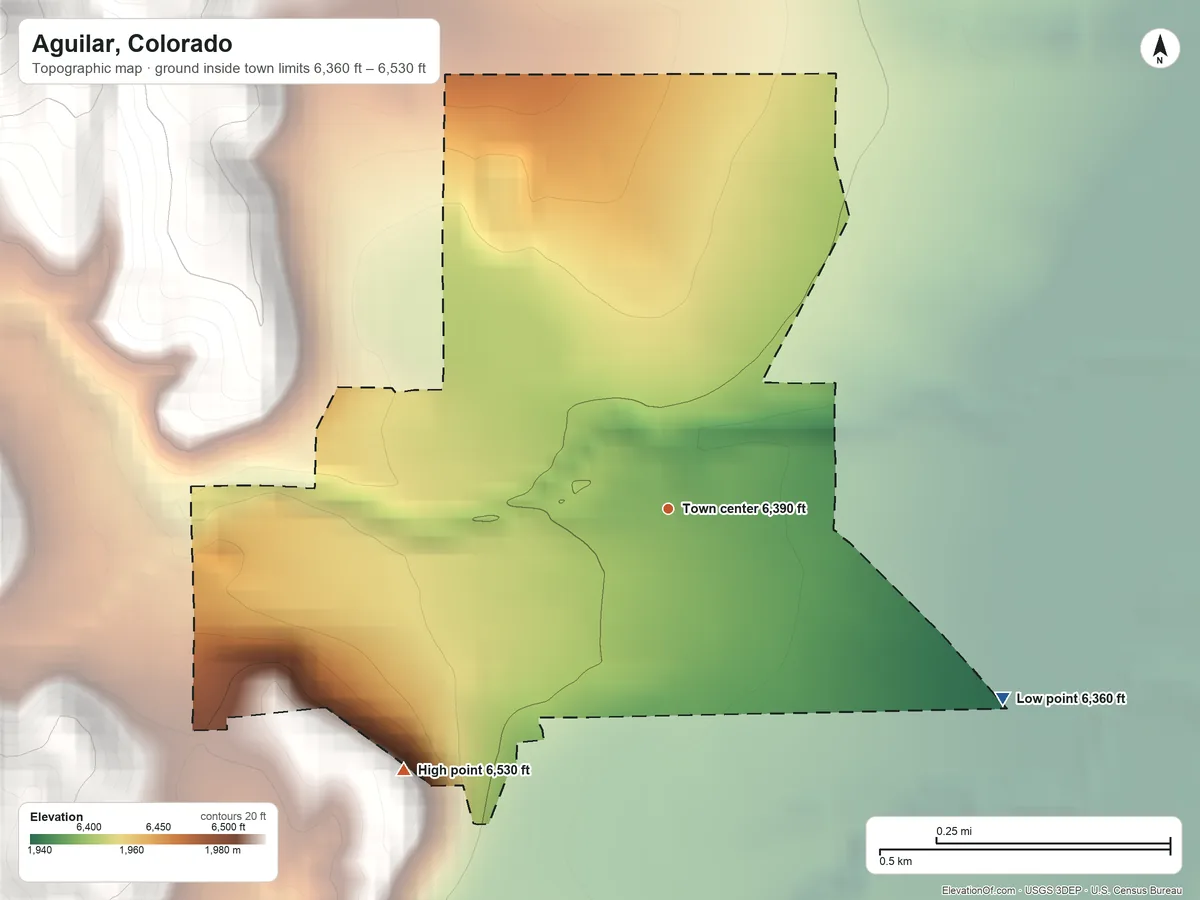 Topographic elevation map of Aguilar, Colorado, shaded from 6,360 ft on the southeast side to 6,530 ft on the southwest edge, below higher ground just outside