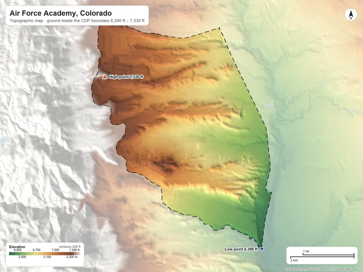 Topographic elevation map of Air Force Academy, Colorado, shaded from 6,390 ft on the southeast side to 7,330 ft on the northwest edge, below higher ground just outside