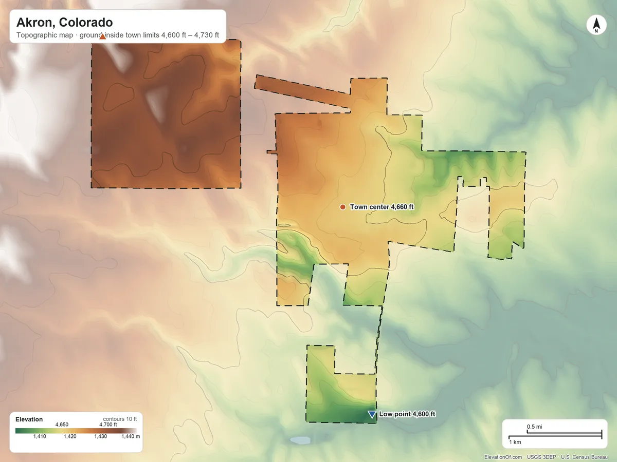 Topographic elevation map of Akron, Colorado, shaded from 4,600 ft on the south side to 4,730 ft on the northwest side
