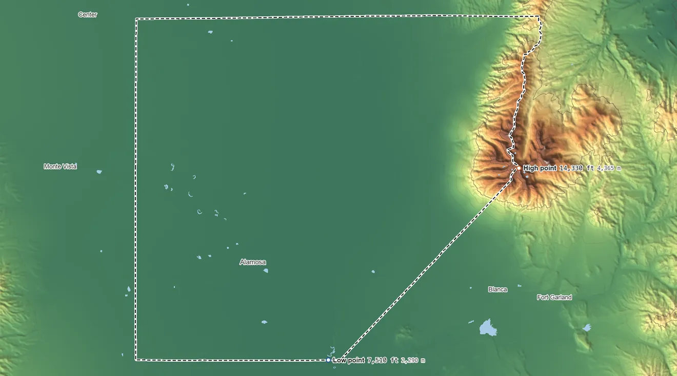 Topographic elevation map of Alamosa County, Colorado, shaded from 7,510 ft on the south side to 14,330 ft on Blanca Peak