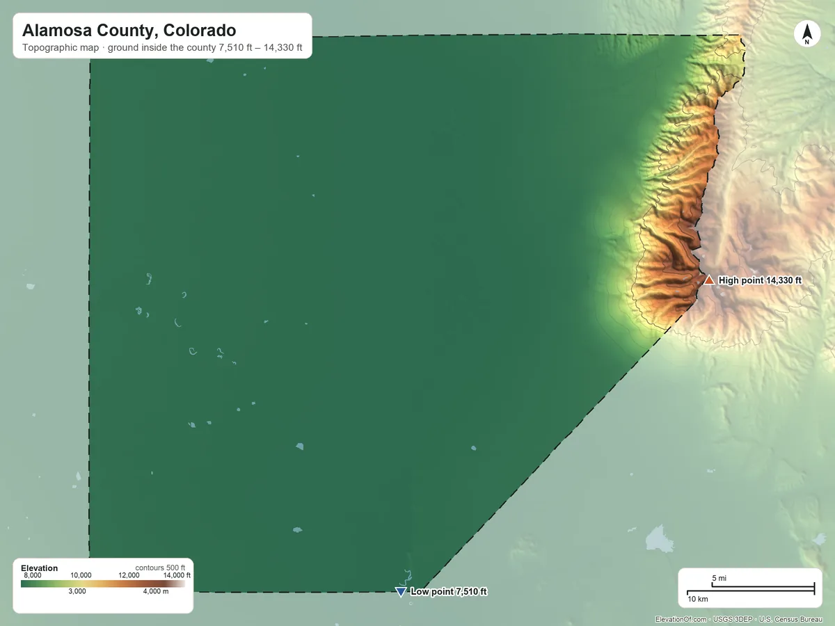 Topographic elevation map of Alamosa County, Colorado, shaded from 7,510 ft on the south side to 14,330 ft on Blanca Peak