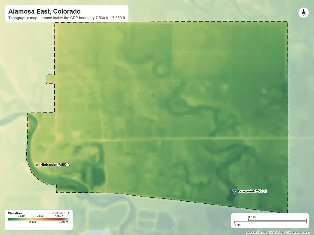 Topographic elevation map of Alamosa East, Colorado, shaded from 7,530 ft on the southeast side to 7,550 ft on the southwest side