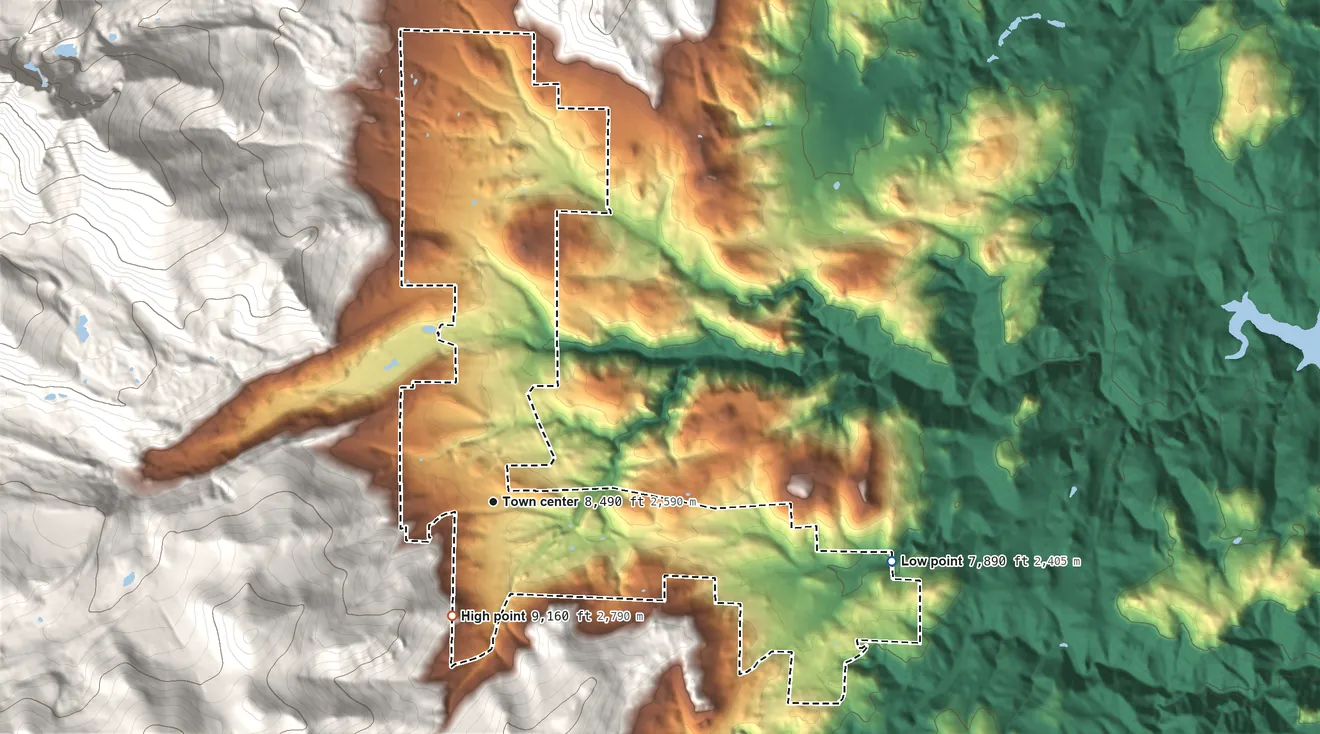 Topographic elevation map of Allenspark, Colorado, shaded from 7,890 ft on the east side to 9,160 ft at the foot of the Indian Peaks