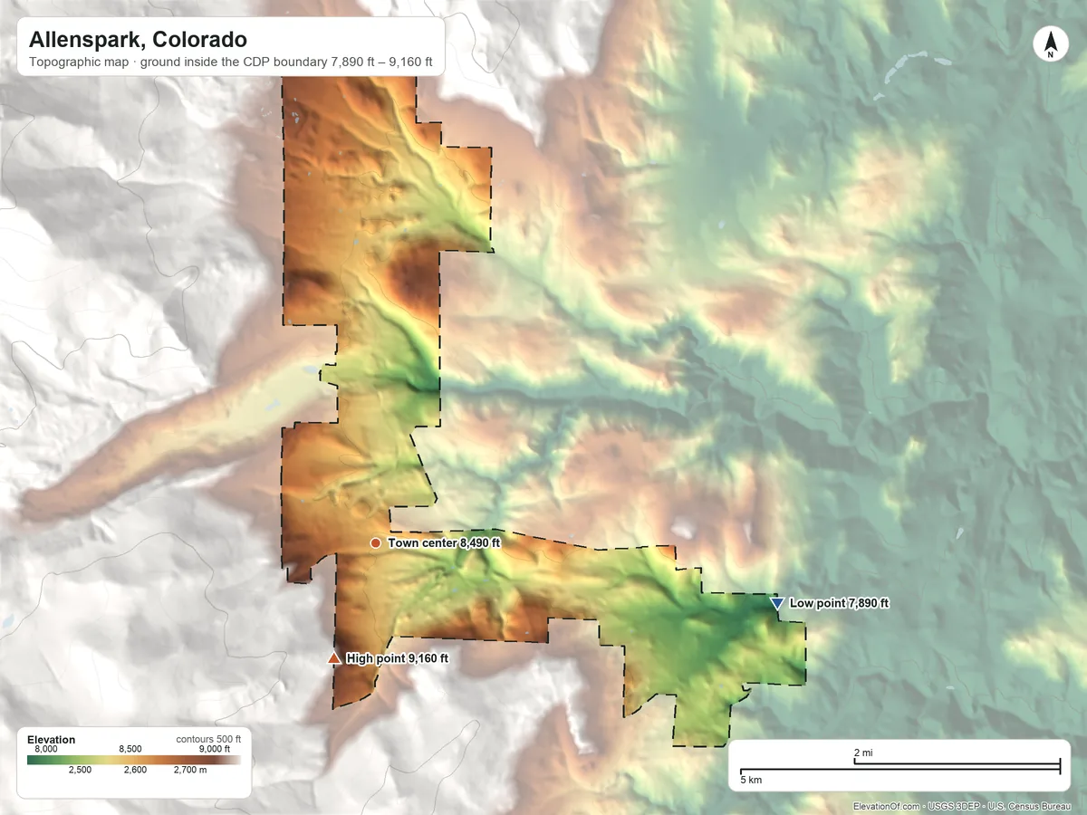 Topographic elevation map of Allenspark, Colorado, shaded from 7,890 ft on the east side to 9,160 ft at the foot of the Indian Peaks