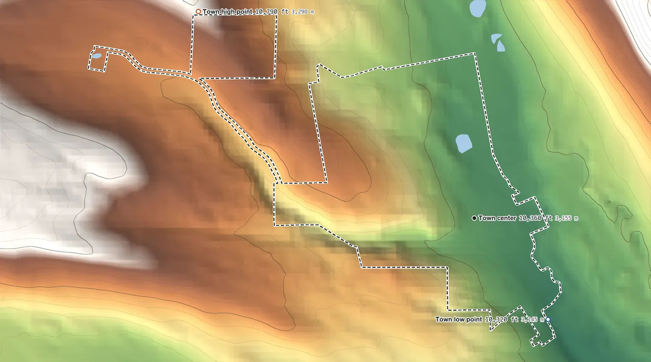 Topographic elevation map of Alma, Colorado, shaded from 10,320 ft on the southeast side to 10,790 ft at the foot of the Tenmile Range