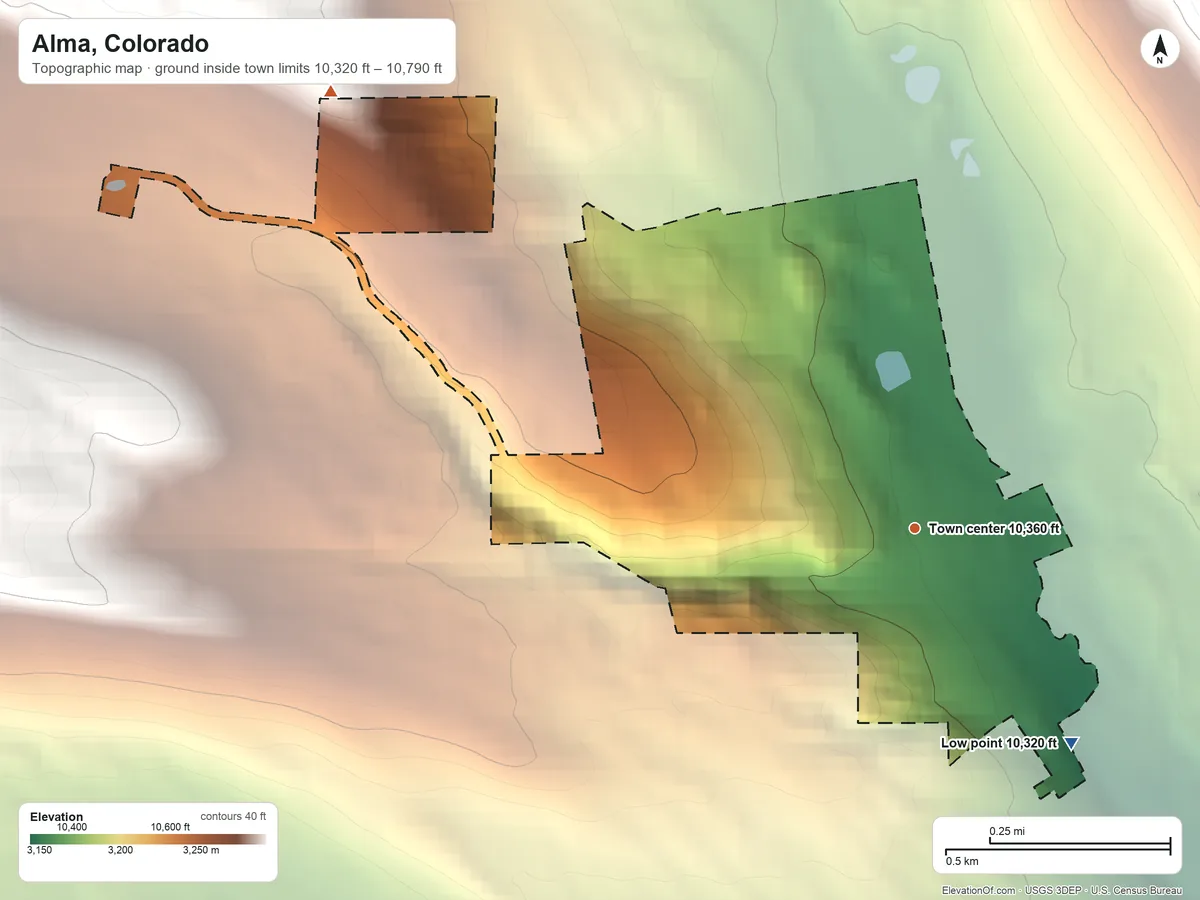 Topographic elevation map of Alma, Colorado, shaded from 10,320 ft on the southeast side to 10,790 ft at the foot of the Tenmile Range