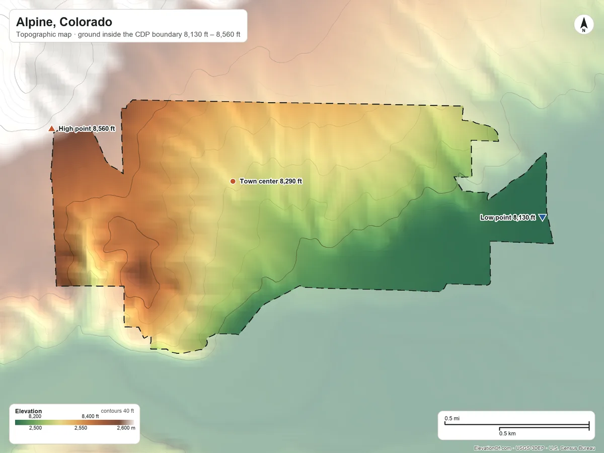 Topographic elevation map of Alpine, Colorado, shaded from 8,130 ft on the east side to 8,560 ft on the west edge, below higher ground just outside