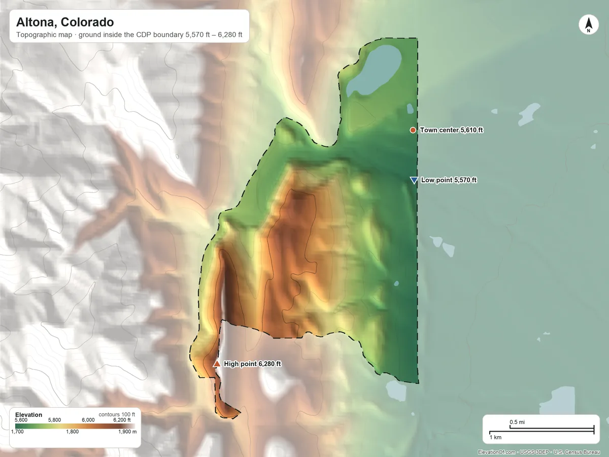 Topographic elevation map of Altona, Colorado, shaded from 5,570 ft on the south side to 6,280 ft on the southwest edge, below higher ground just outside