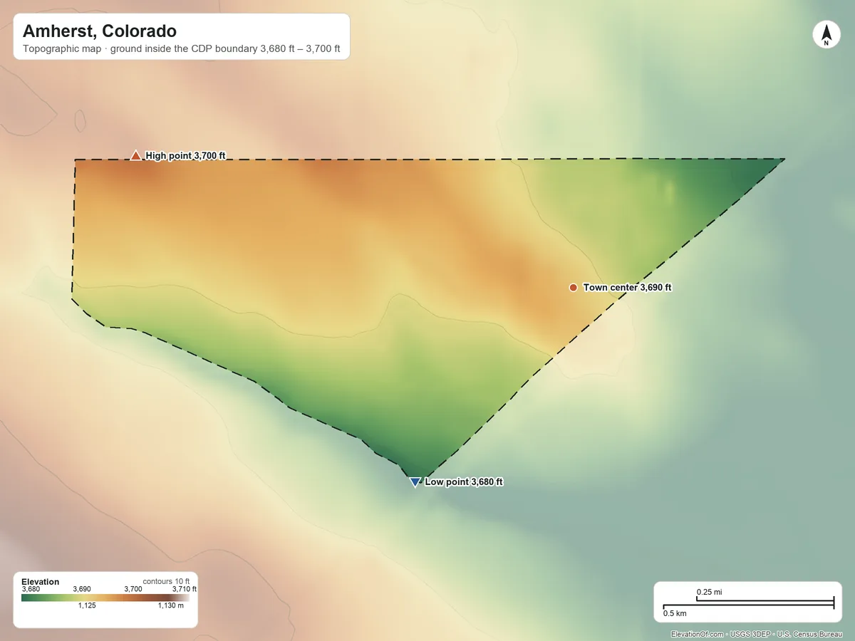 Topographic elevation map of Amherst, Colorado, shaded from 3,680 ft on the southwest side to 3,700 ft on the west side