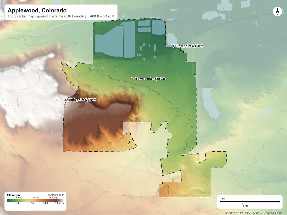 Topographic elevation map of Applewood, Colorado, shaded from 5,460 ft on the northeast side to 6,120 ft on the west side