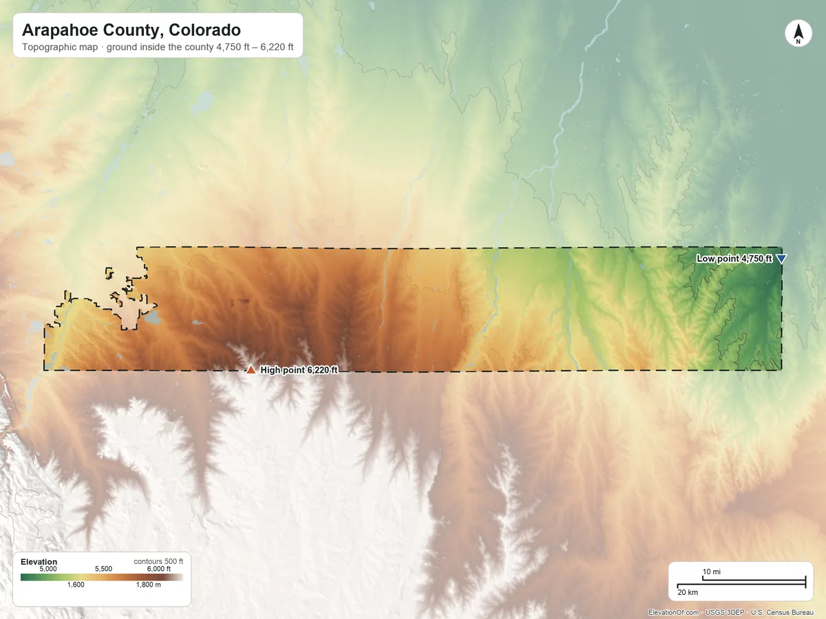 Topographic elevation map of Arapahoe County, Colorado, shaded from 4,750 ft on the east side to 6,220 ft on the west side