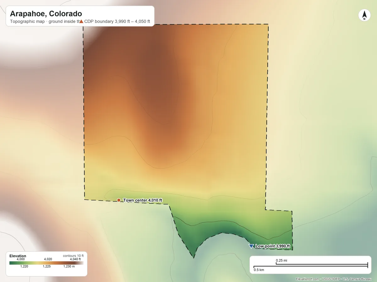 Topographic elevation map of Arapahoe, Colorado, shaded from 3,990 ft on the east side to 4,050 ft on the north side