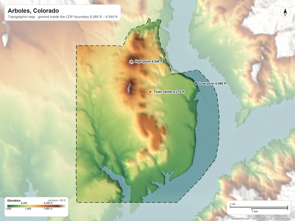 Topographic elevation map of Arboles, Colorado, shaded from 6,060 ft on the east side to 6,540 ft on the northwest edge, below higher ground just outside