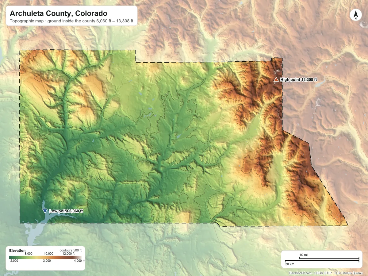 Topographic elevation map of Archuleta County, Colorado, shaded from 6,060 ft on the southwest side to 13,308 ft on Summit Peak