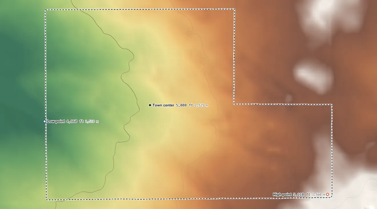 Topographic elevation map of Aristocrat Ranchettes, Colorado, shaded from 4,960 ft on the west side to 5,110 ft on the southeast side