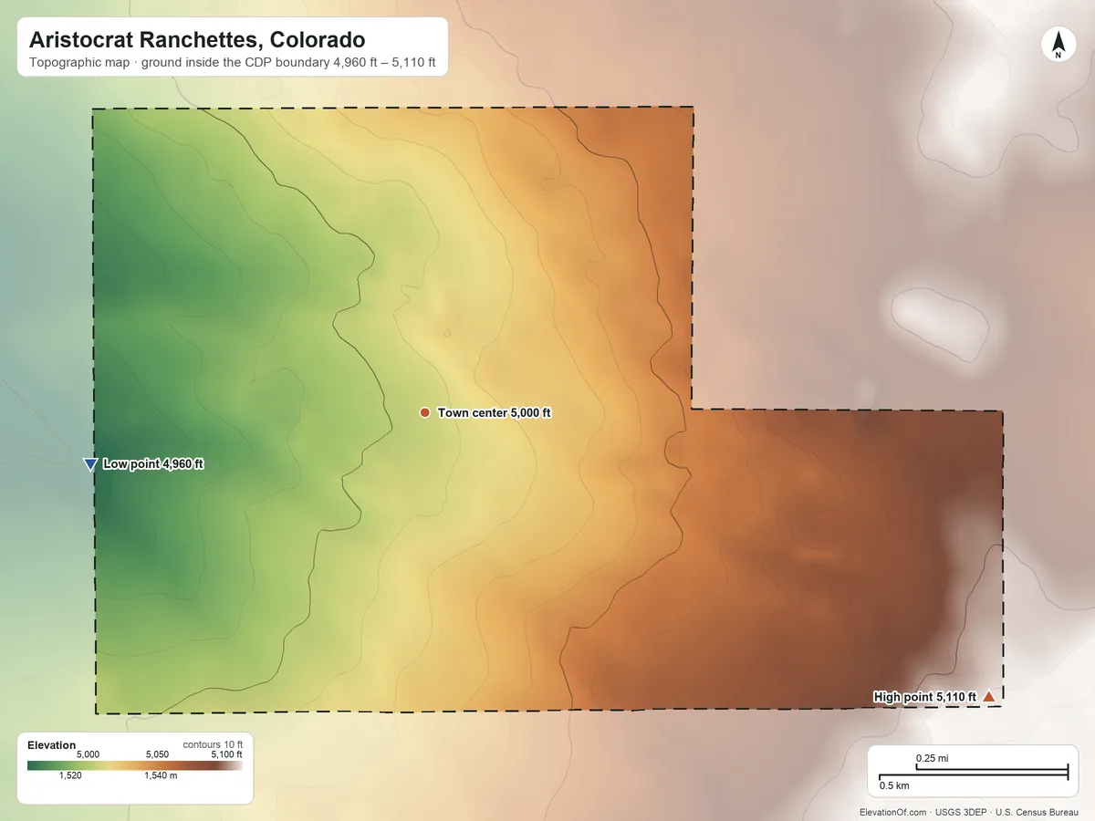 Topographic elevation map of Aristocrat Ranchettes, Colorado, shaded from 4,960 ft on the west side to 5,110 ft on the southeast side