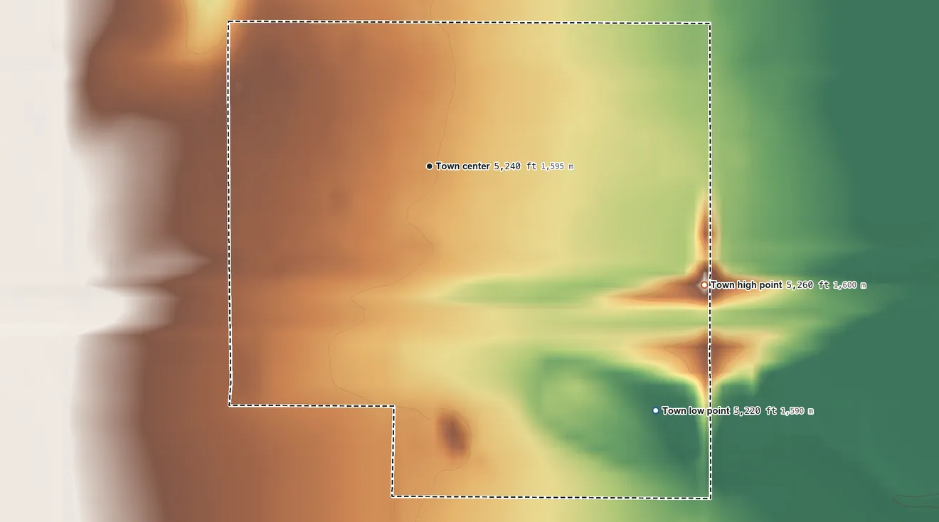 Topographic elevation map of Arriba, Colorado, shaded from 5,220 ft on the southeast side to 5,260 ft on the southeast side