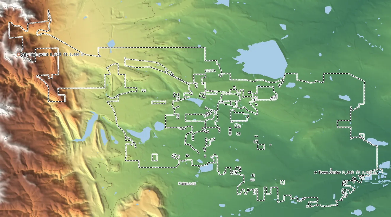 Topographic elevation map of Arvada, Colorado, shaded from 5,240 ft on the east side to 8,010 ft on the west edge, below higher ground just outside