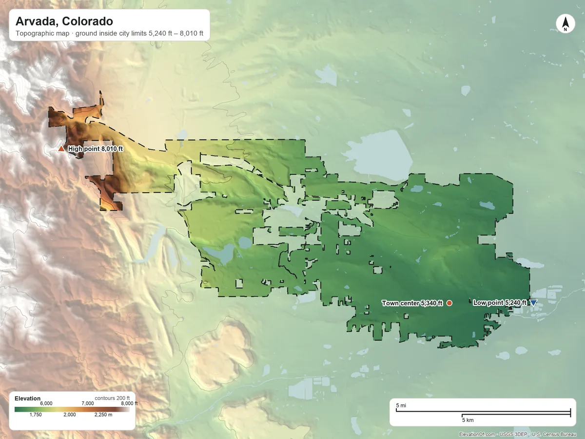 Topographic elevation map of Arvada, Colorado, shaded from 5,240 ft on the east side to 8,010 ft on the west edge, below higher ground just outside