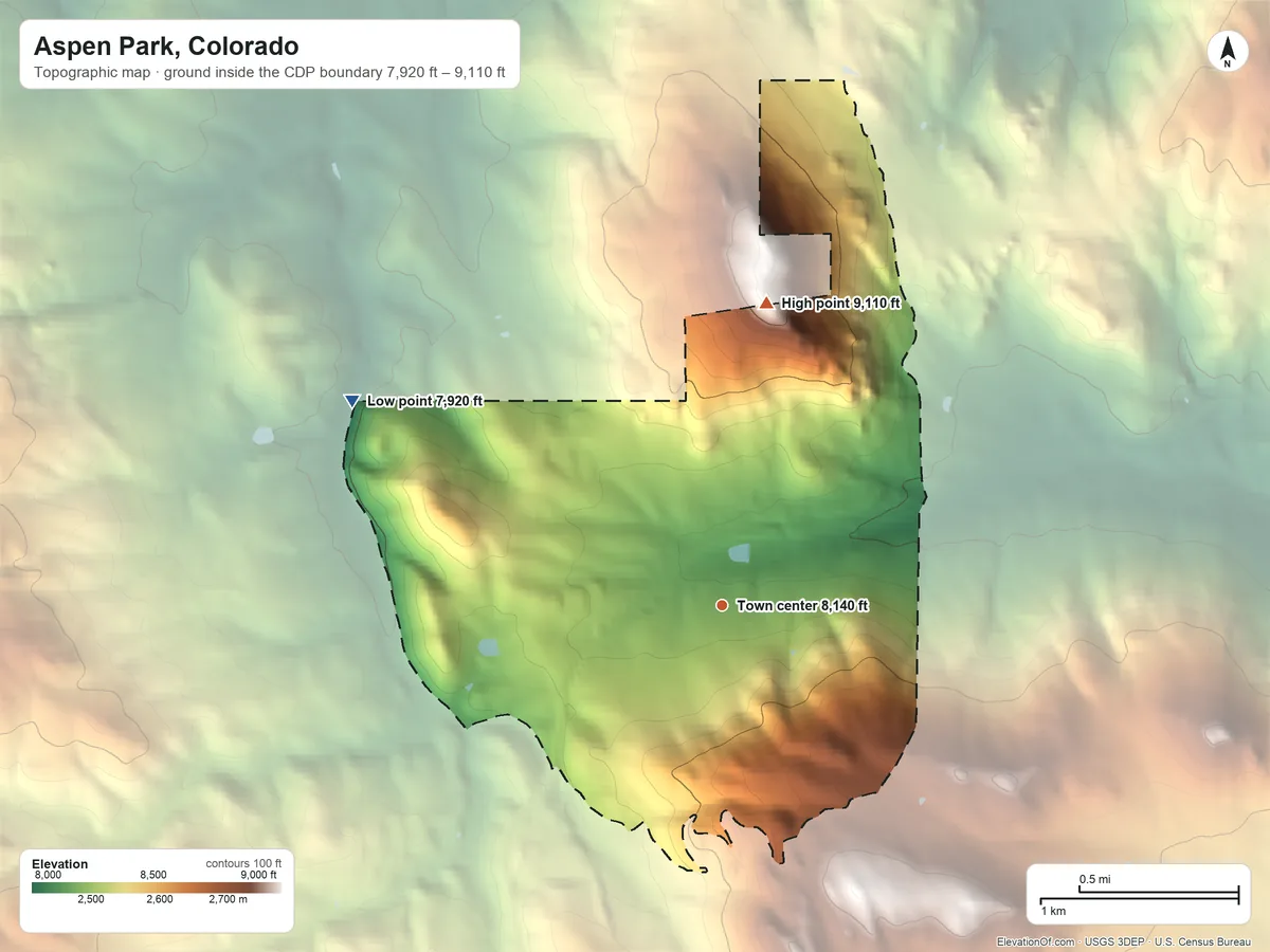 Topographic elevation map of Aspen Park, Colorado, shaded from 7,920 ft on the northwest side to 9,110 ft on the north edge, below higher ground just outside