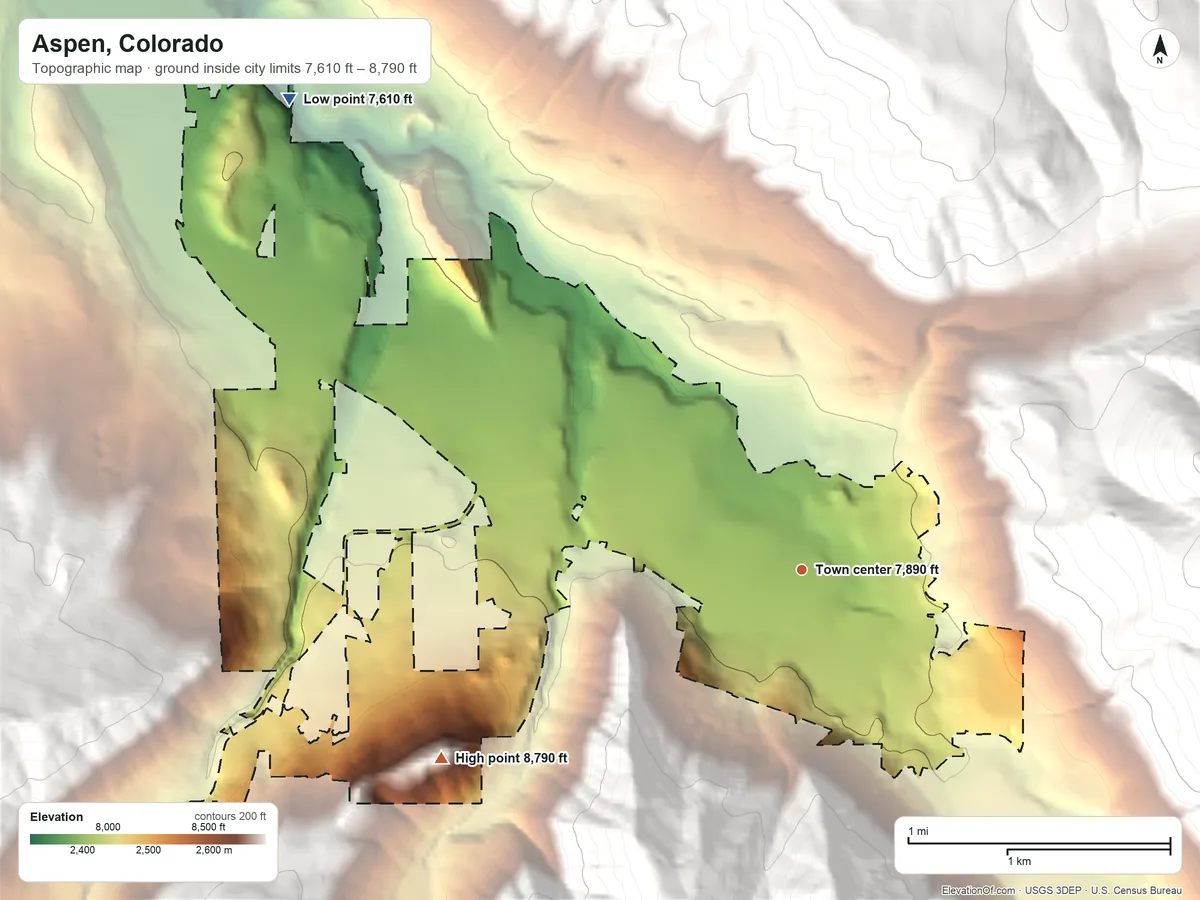 Topographic elevation map of Aspen, Colorado, shaded from 7,610 ft on the northwest side to 8,790 ft at the foot of the Elk Mountains