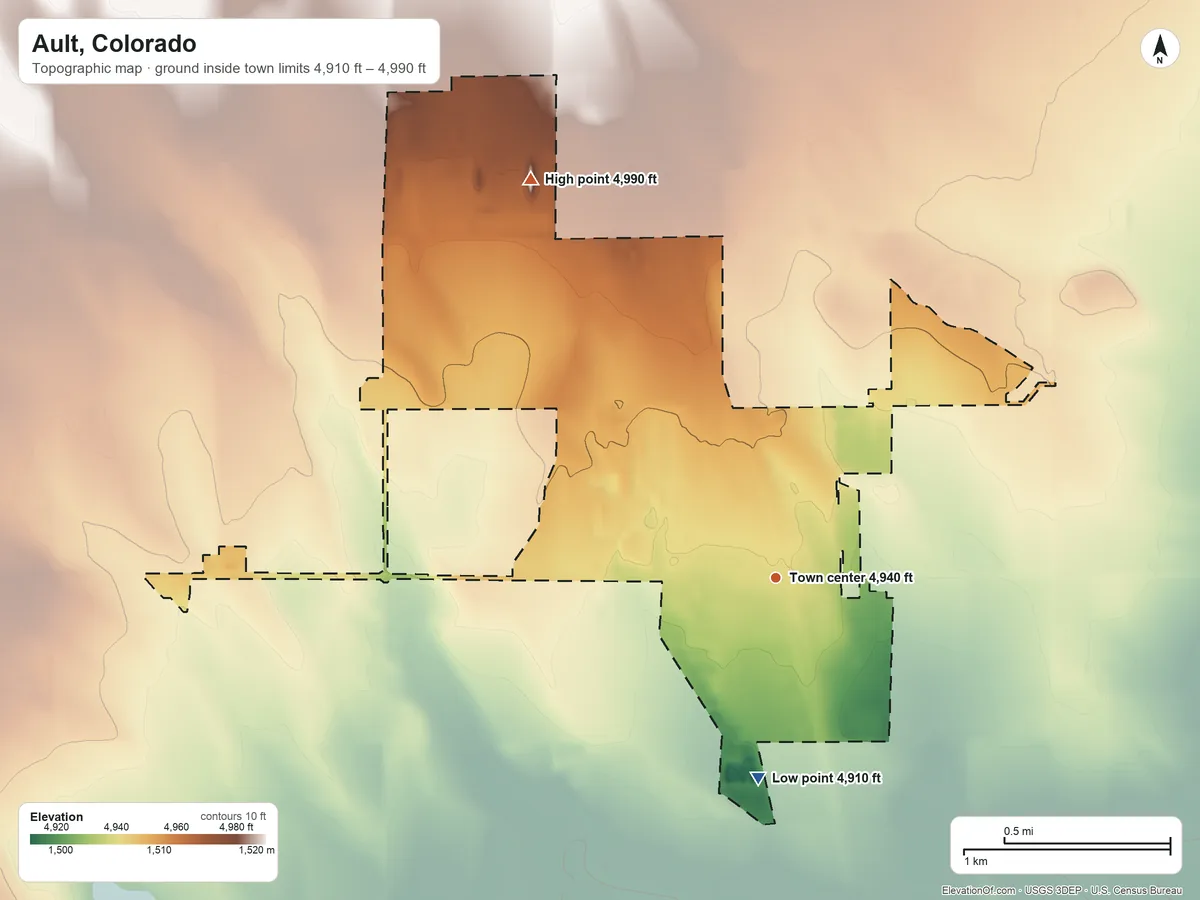 Topographic elevation map of Ault, Colorado, shaded from 4,910 ft on the south side to 4,990 ft on the northwest side
