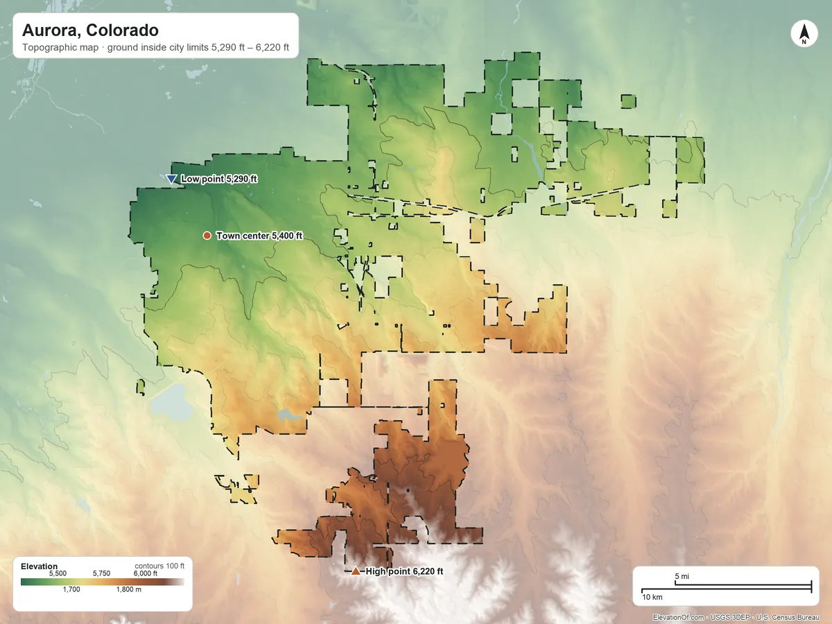 Topographic elevation map of Aurora, Colorado, shaded from 5,290 ft near the middle to 6,220 ft on the southeast side