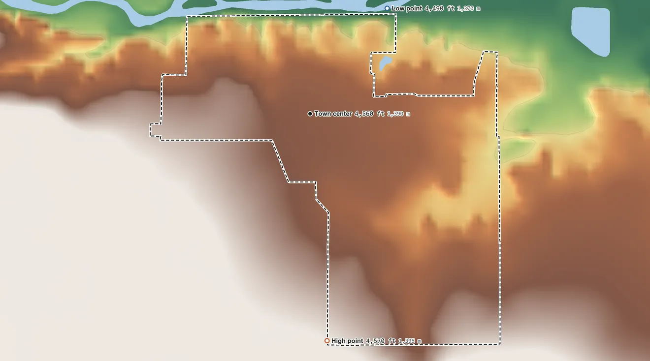 Topographic elevation map of Avondale, Colorado, shaded from 4,490 ft on the northeast side to 4,570 ft on the south side