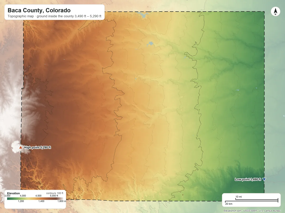 Topographic elevation map of Baca County, Colorado, shaded from 3,490 ft on the southeast side to 5,290 ft on the west side