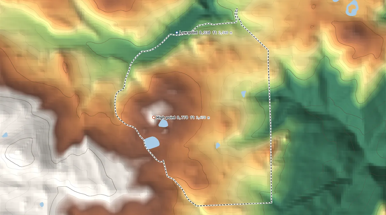 Topographic elevation map of Bar-K Ranch, Colorado, shaded from 8,330 ft on the northwest side to 8,770 ft at the foot of the Indian Peaks