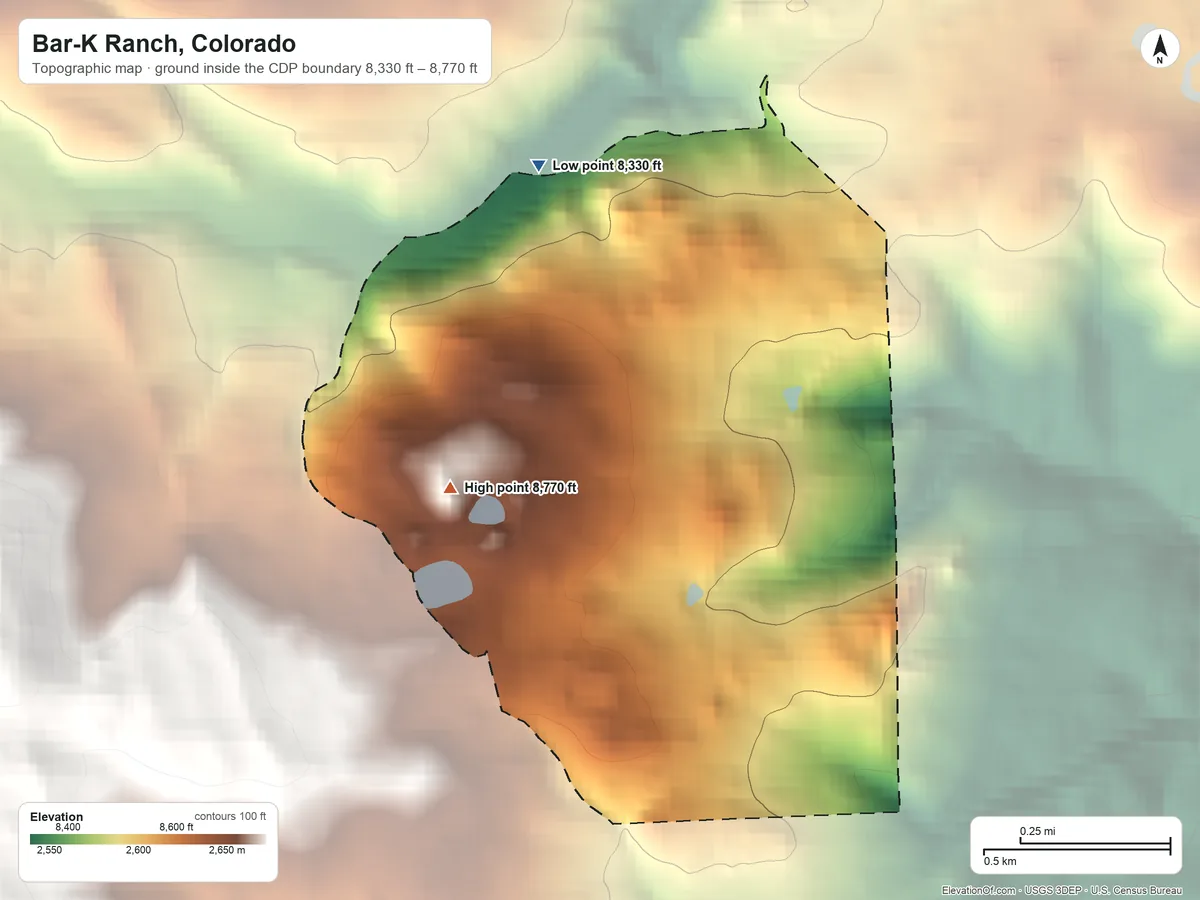 Topographic elevation map of Bar-K Ranch, Colorado, shaded from 8,330 ft on the northwest side to 8,770 ft at the foot of the Indian Peaks