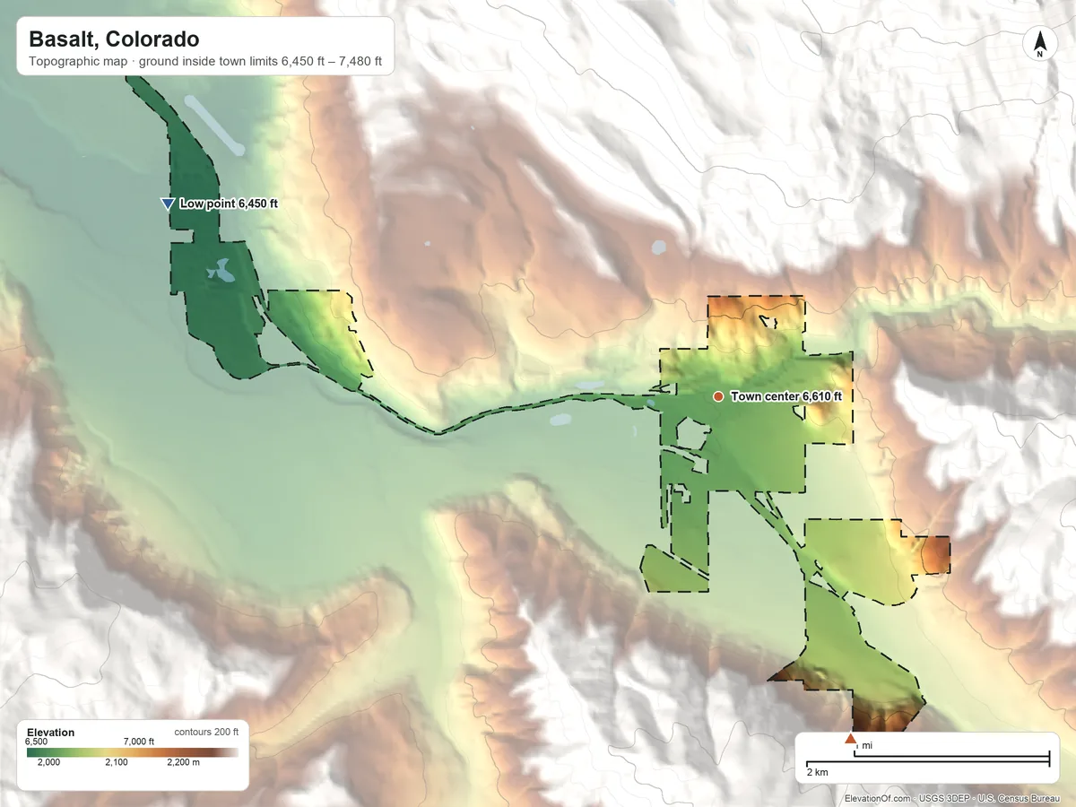 Topographic elevation map of Basalt, Colorado, shaded from 6,450 ft on the west side to 7,480 ft on the south edge, below higher ground just outside