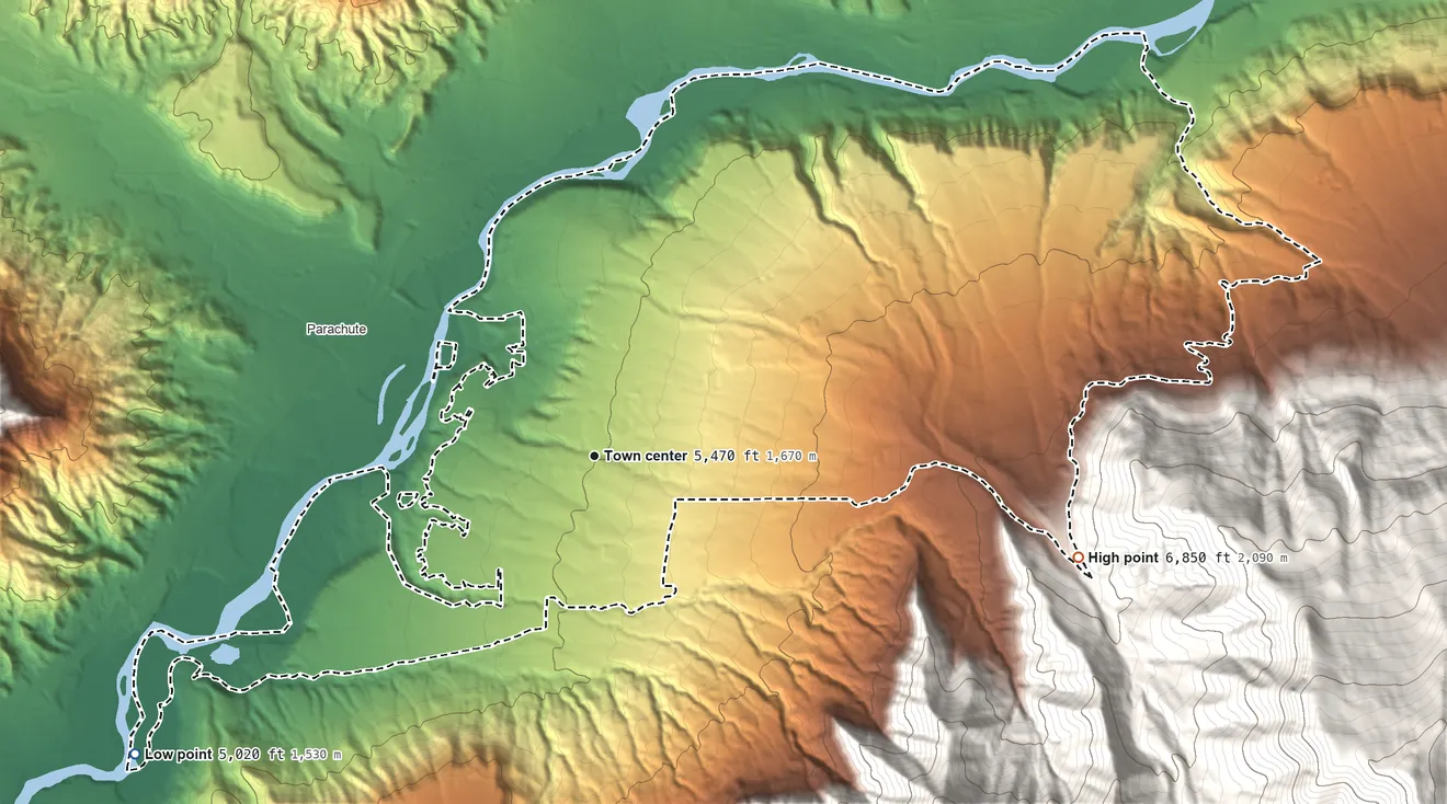 Topographic elevation map of Battlement Mesa, Colorado, shaded from 5,020 ft on the southwest side to 6,850 ft on the east edge, below higher ground just outside