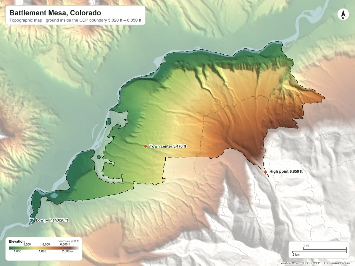 Topographic elevation map of Battlement Mesa, Colorado, shaded from 5,020 ft on the southwest side to 6,850 ft on the east edge, below higher ground just outside