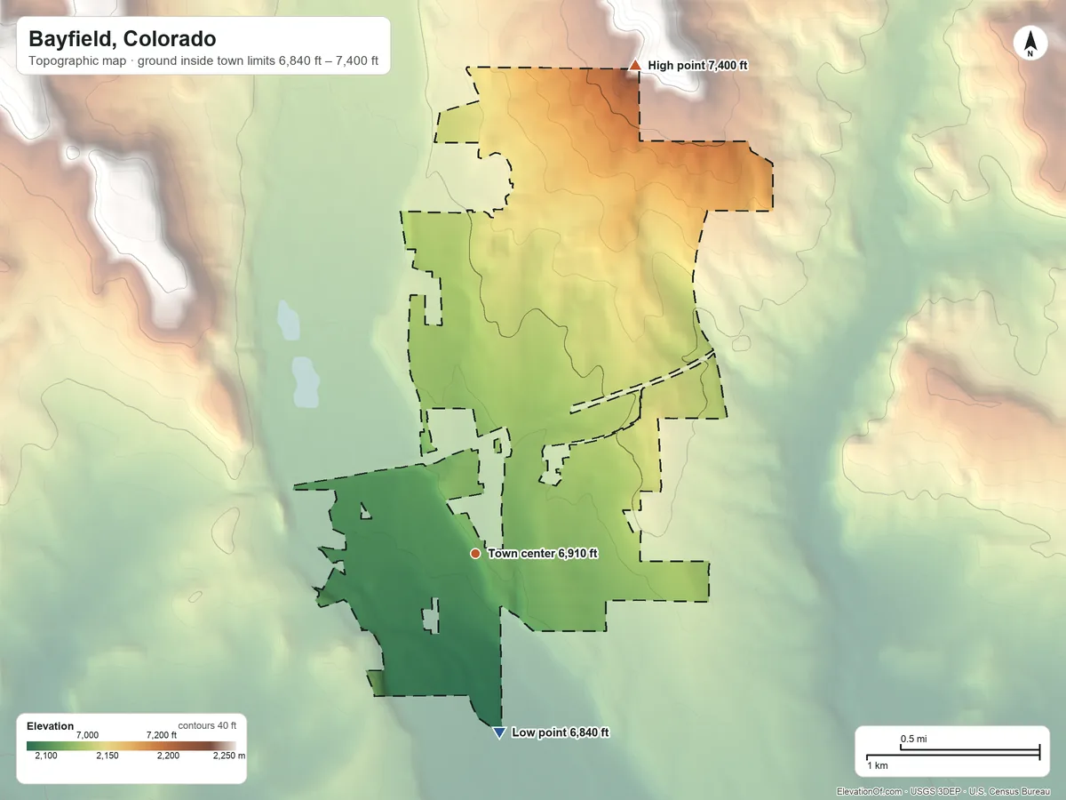 Topographic elevation map of Bayfield, Colorado, shaded from 6,840 ft on the south side to 7,400 ft on the north side