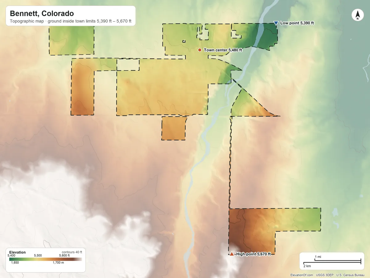 Topographic elevation map of Bennett, Colorado, shaded from 5,390 ft on the east side to 5,670 ft on the south side