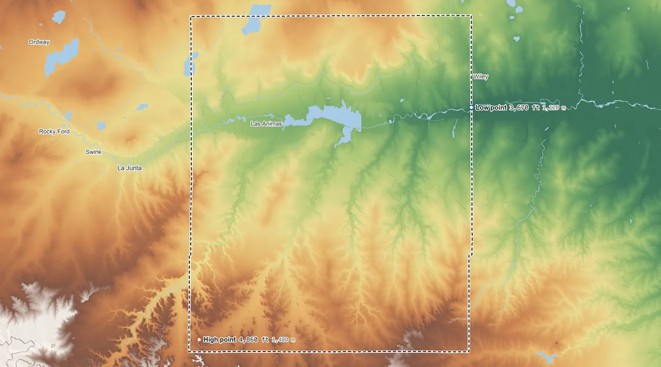 Topographic elevation map of Bent County, Colorado, shaded from 3,670 ft on the northeast side to 4,860 ft on the southwest side