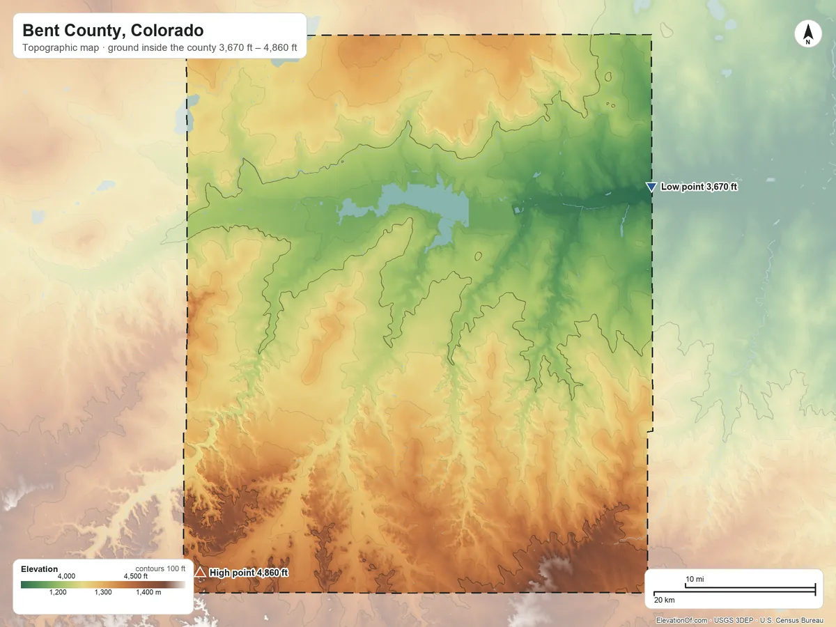 Topographic elevation map of Bent County, Colorado, shaded from 3,670 ft on the northeast side to 4,860 ft on the southwest side