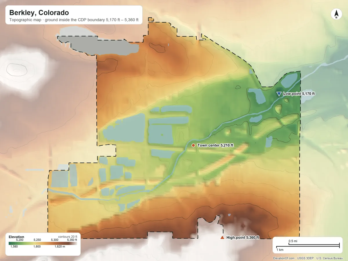 Topographic elevation map of Berkley, Colorado, shaded from 5,170 ft on the northeast side to 5,360 ft on the south side