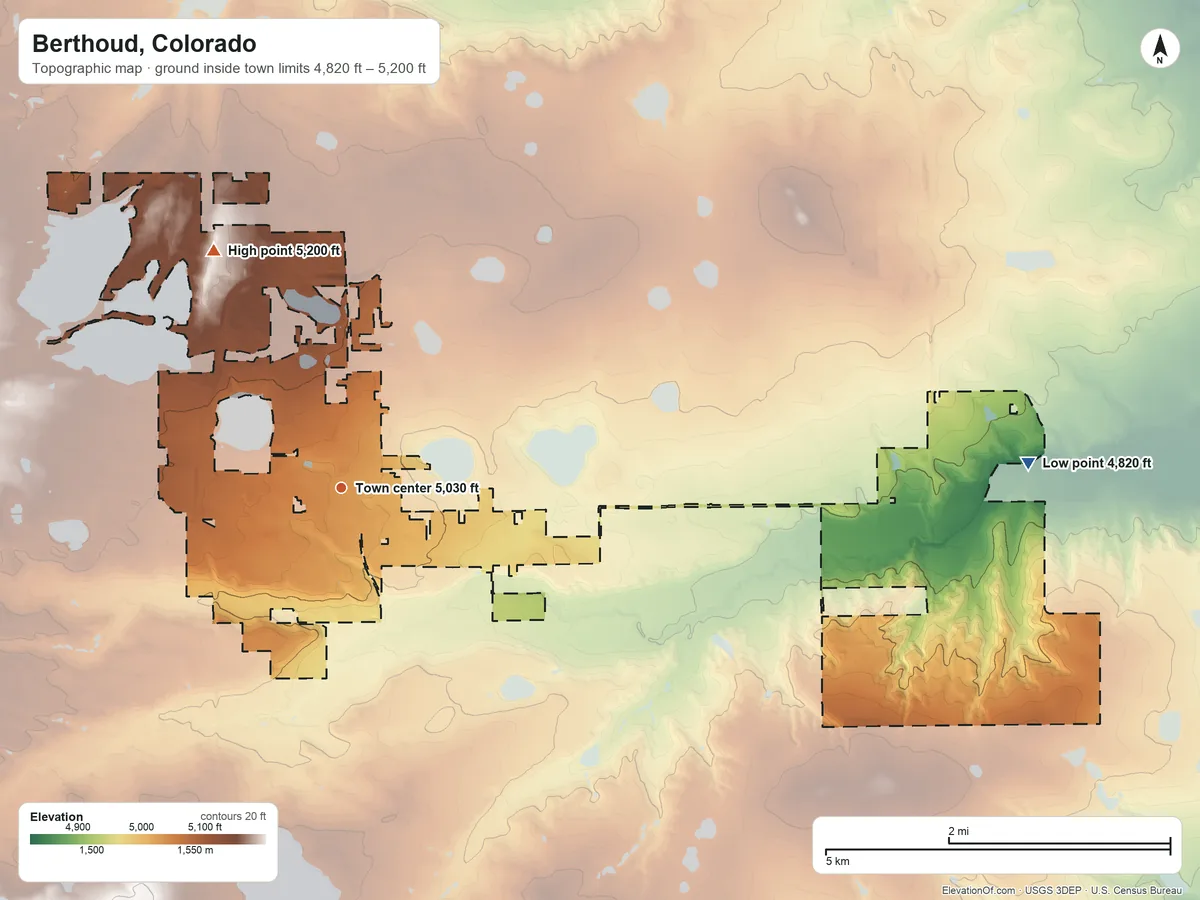 Topographic elevation map of Berthoud, Colorado, shaded from 4,820 ft on the east side to 5,200 ft on the northwest side