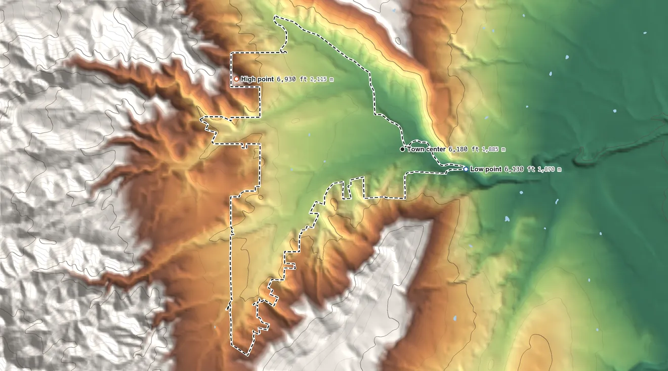 Topographic elevation map of Beulah Valley, Colorado, shaded from 6,130 ft on the east side to 6,930 ft at the foot of the Wet Mountains