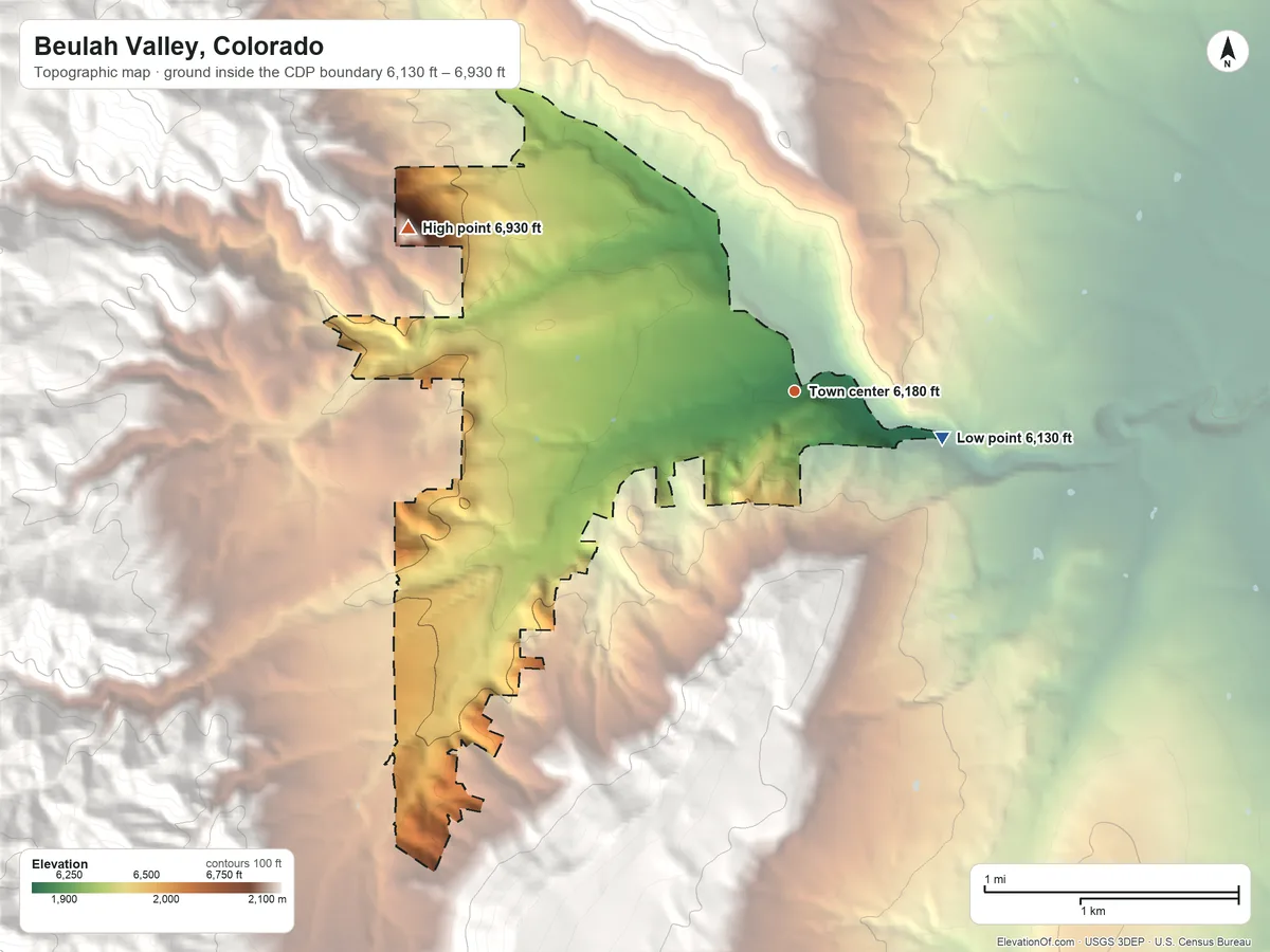 Topographic elevation map of Beulah Valley, Colorado, shaded from 6,130 ft on the east side to 6,930 ft at the foot of the Wet Mountains